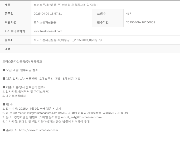 트러스톤자산운용 트러스톤자산운용(주) 마케팅 채용 공고 (신입/경력) 채용공고