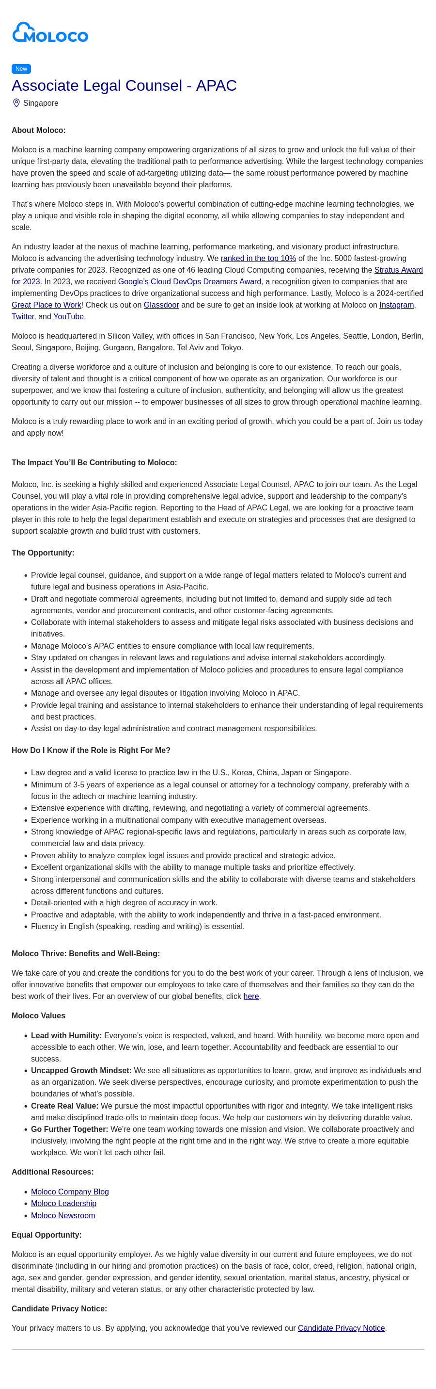 몰로코 Associate Legal Counsel - APAC 채용공고