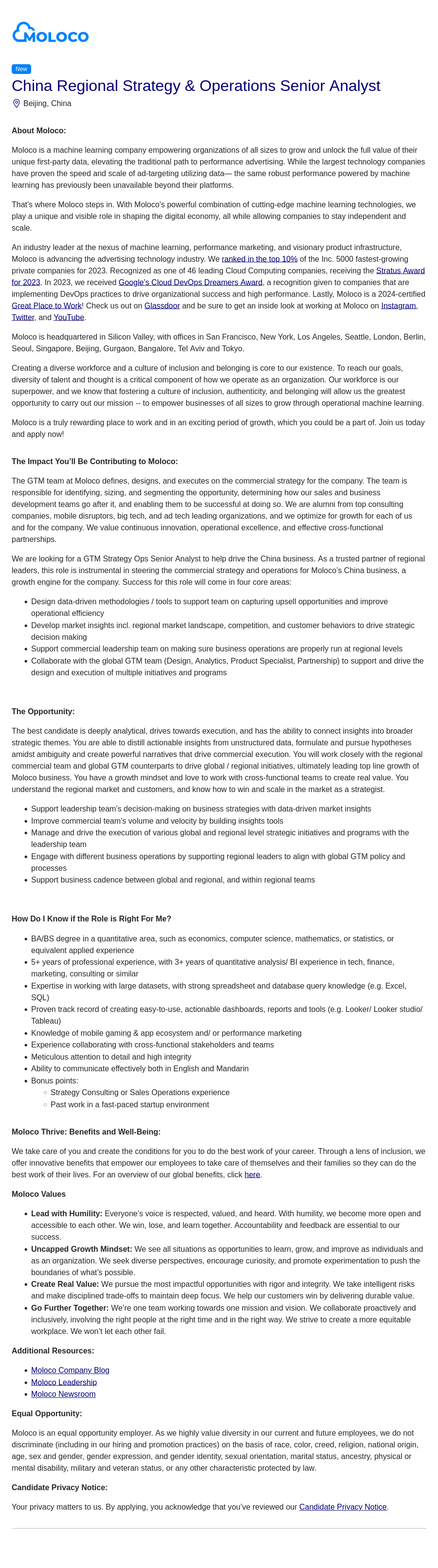 몰로코 China Regional Strategy & Operations Senior Analyst 채용공고