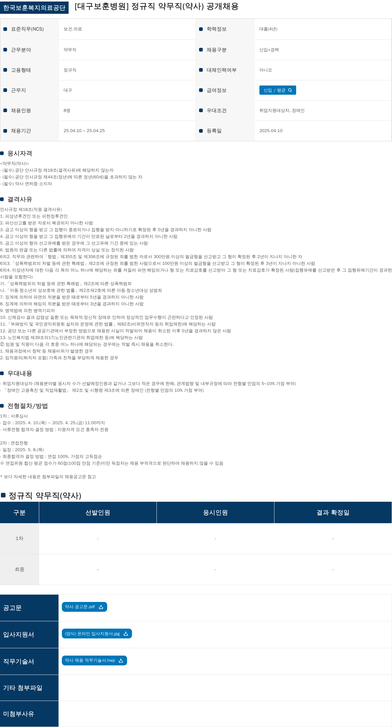 한국보훈복지의료공단 정규직 약무직(약사) 공개 채용 채용공고