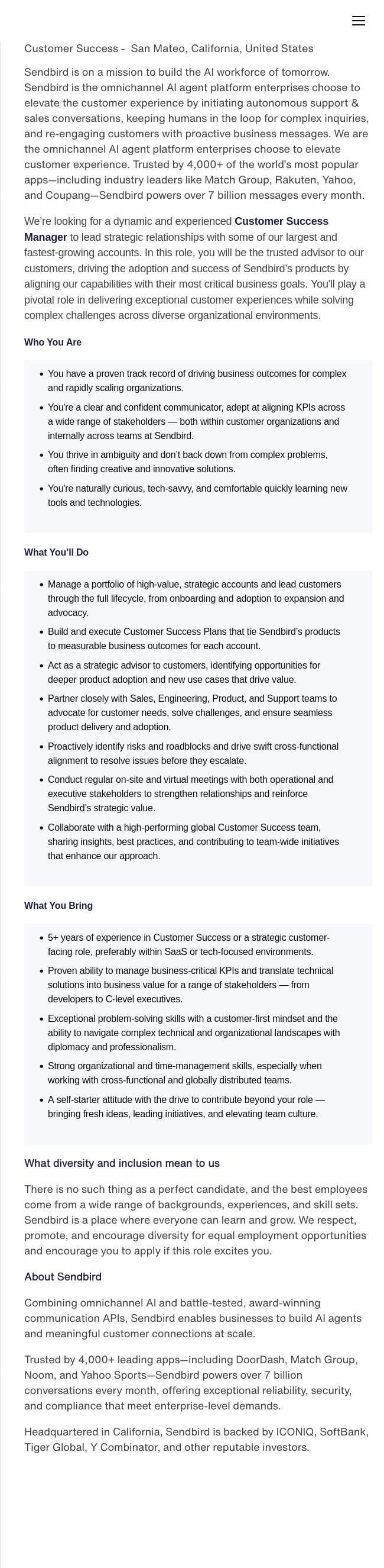 센드버드 Customer Success Manager 채용공고