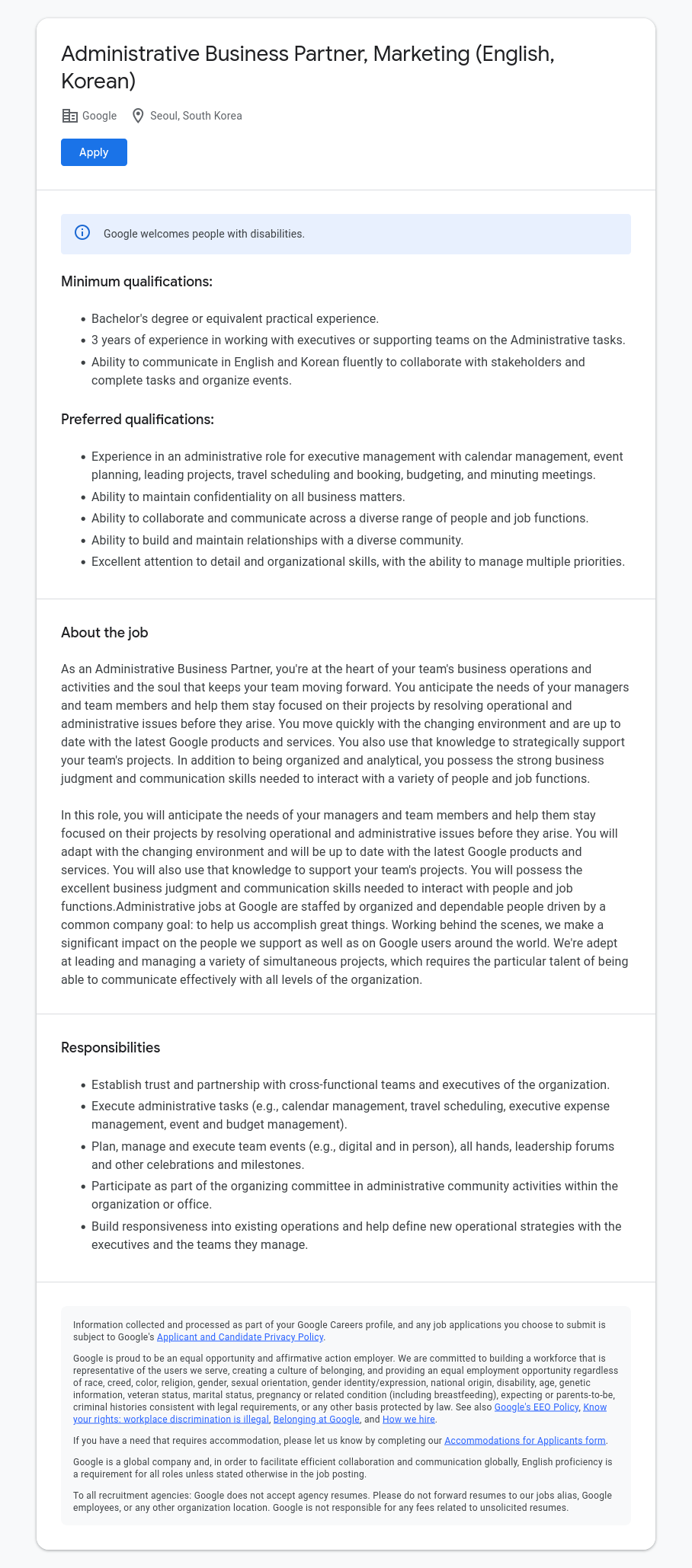 구글(Google) Administrative Business Partner, Marketing (English, Korean) 채용공고