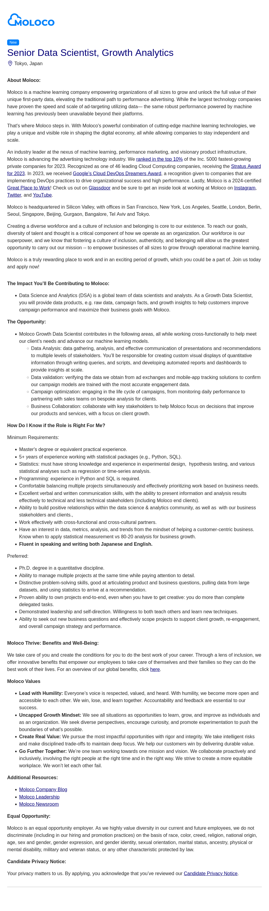 몰로코 Senior Data Scientist, Growth Analytics 채용공고