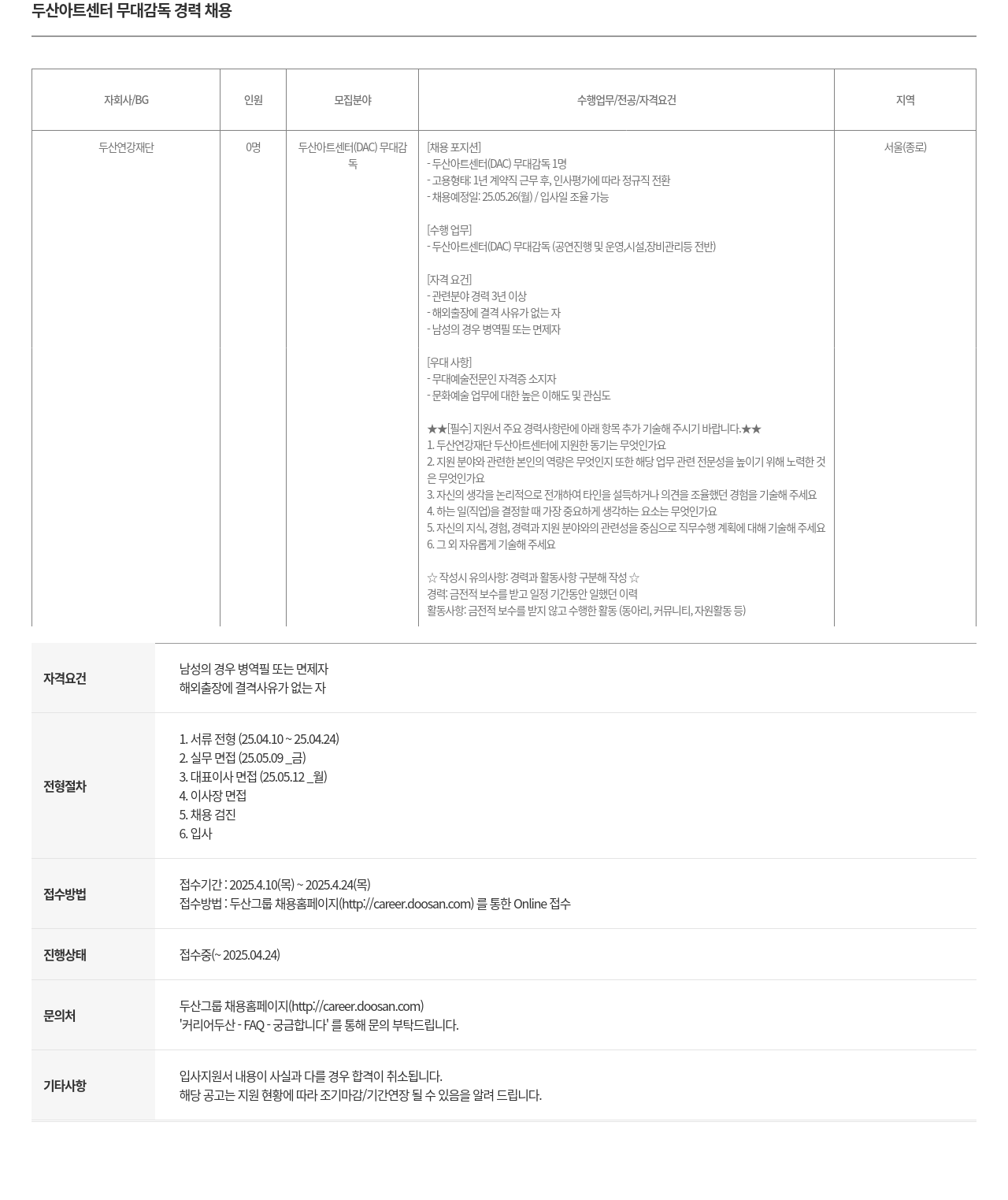 두산연강재단 두산 아트 센터 무대 감독 경력 채용 채용공고