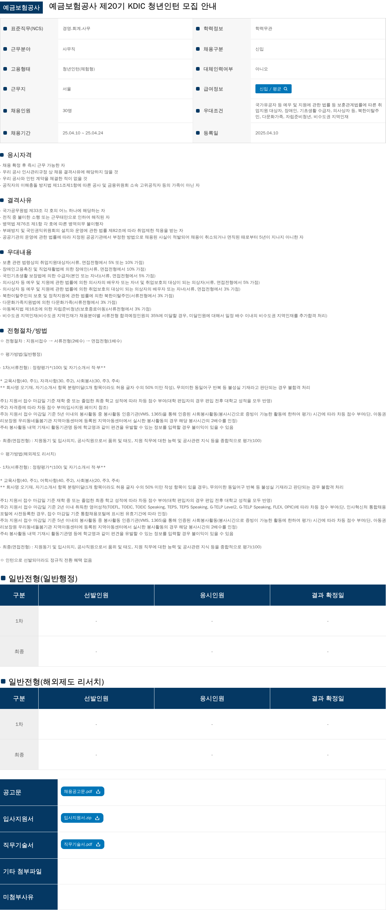 예금보험공사 제20기 KDIC 청년 인턴 모집 안내 채용공고