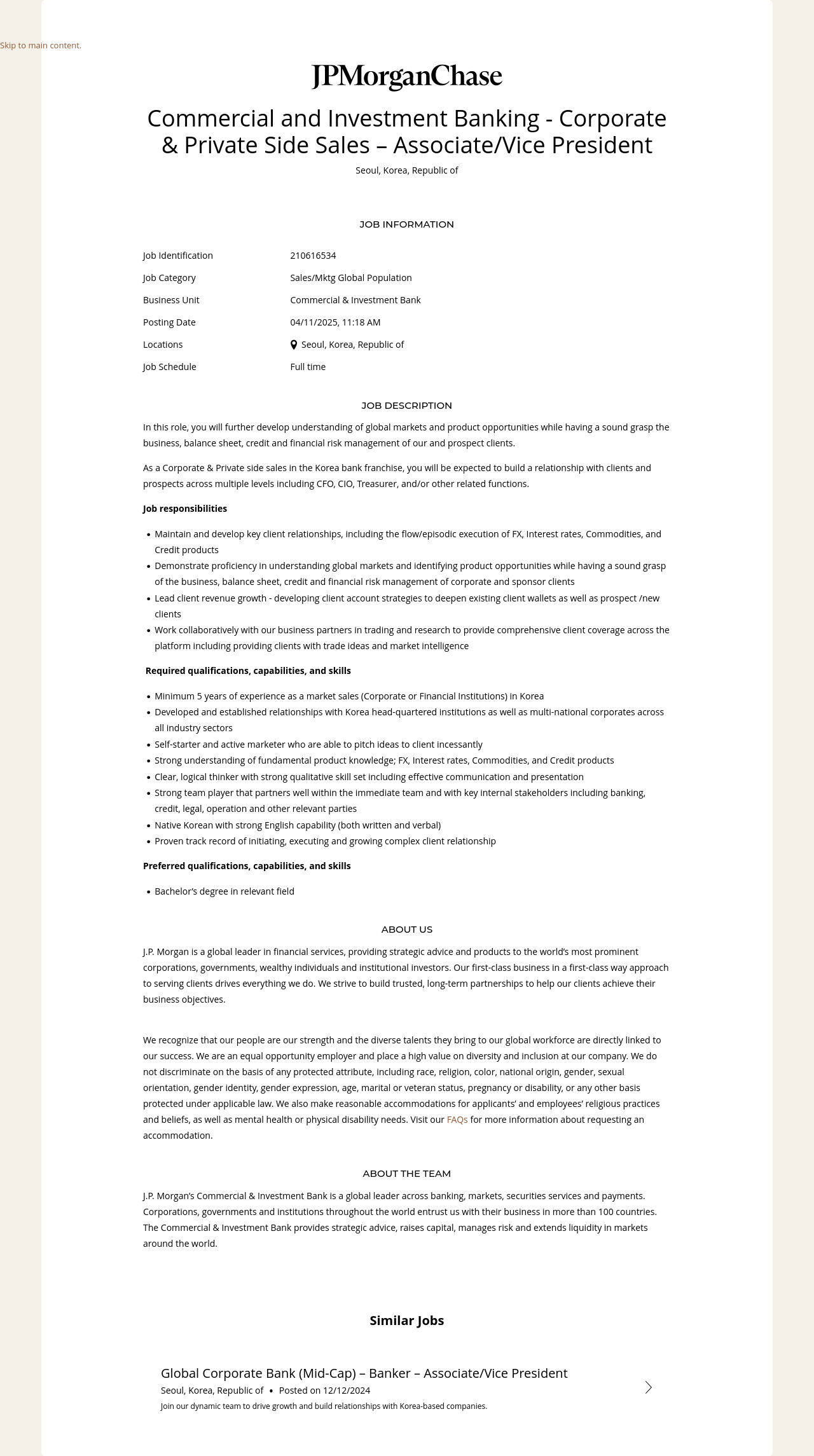 JPMorganChase Commercial and Investment Banking - Corporate & Private Side Sales - Associate / Vice President 채용공고