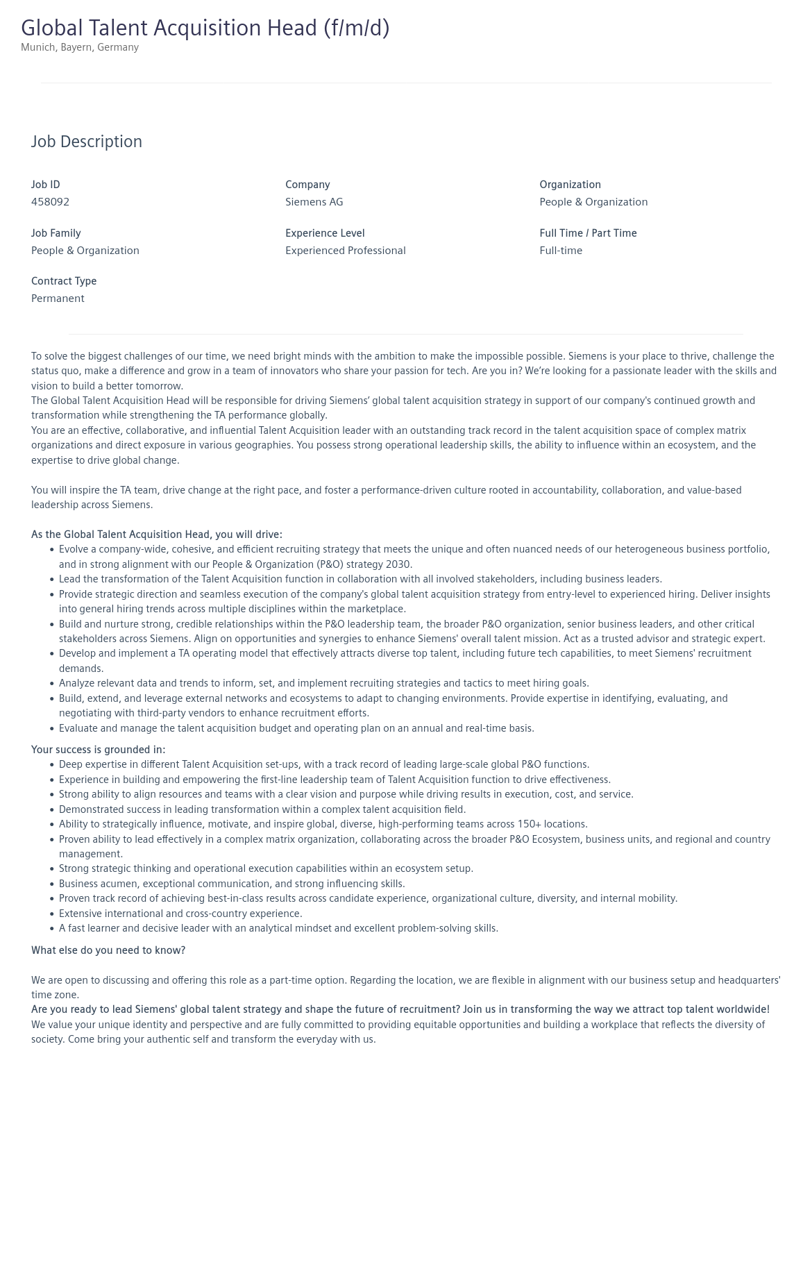 지멘스 Global Talent Acquisition Head (f/m/d) 채용공고