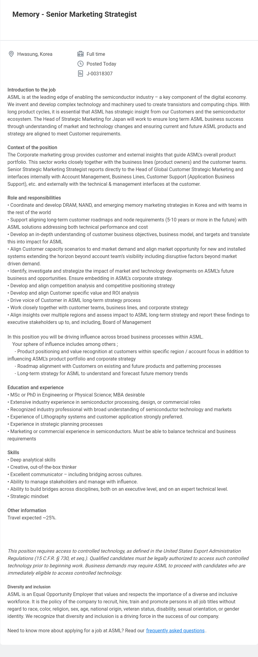 ASML Memory - Senior Marketing Strategist 채용공고