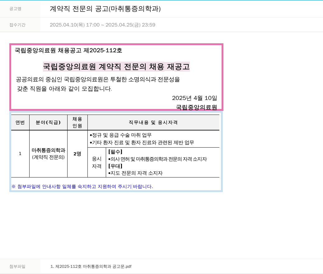 국립중앙의료원 계약직 전문의 공고 (마취통증의학과) 채용공고