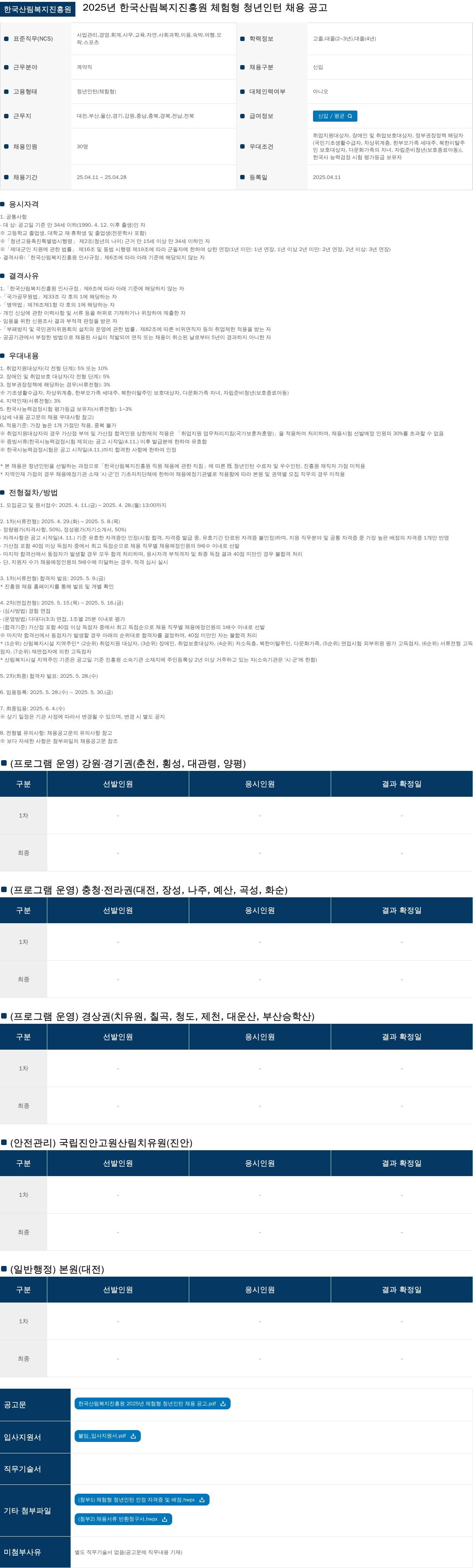 한국산림복지진흥원 2025년 한국산림복지진흥원 체험형 청년 인턴 채용 공고 채용공고