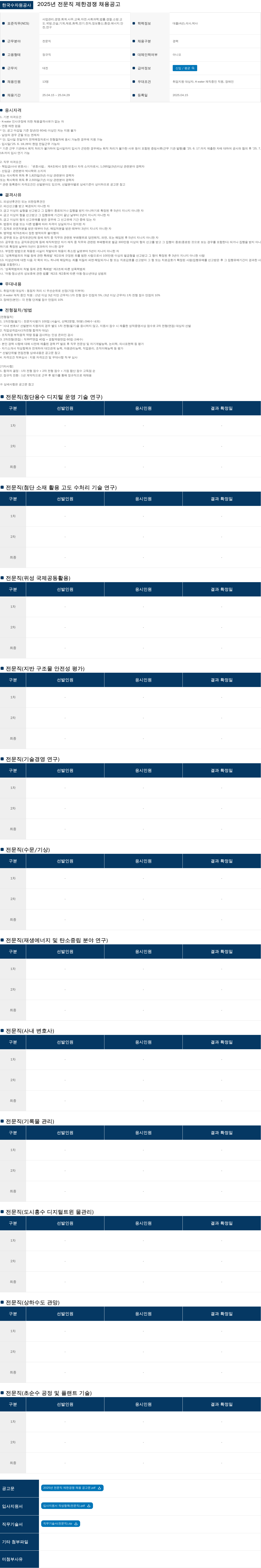한국수자원공사 2025년 전문직 제한경쟁 채용 공고 채용공고
