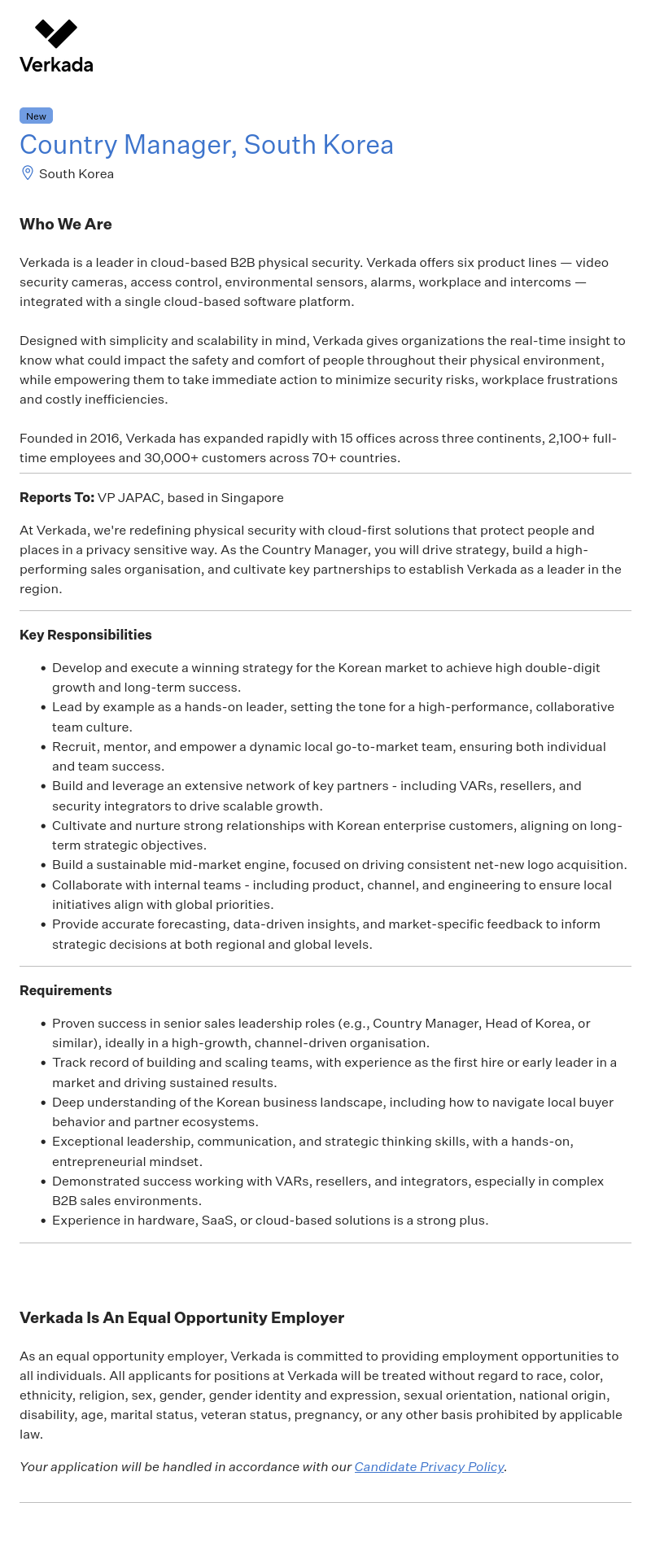 버카다 Country Manager, South Korea 채용공고