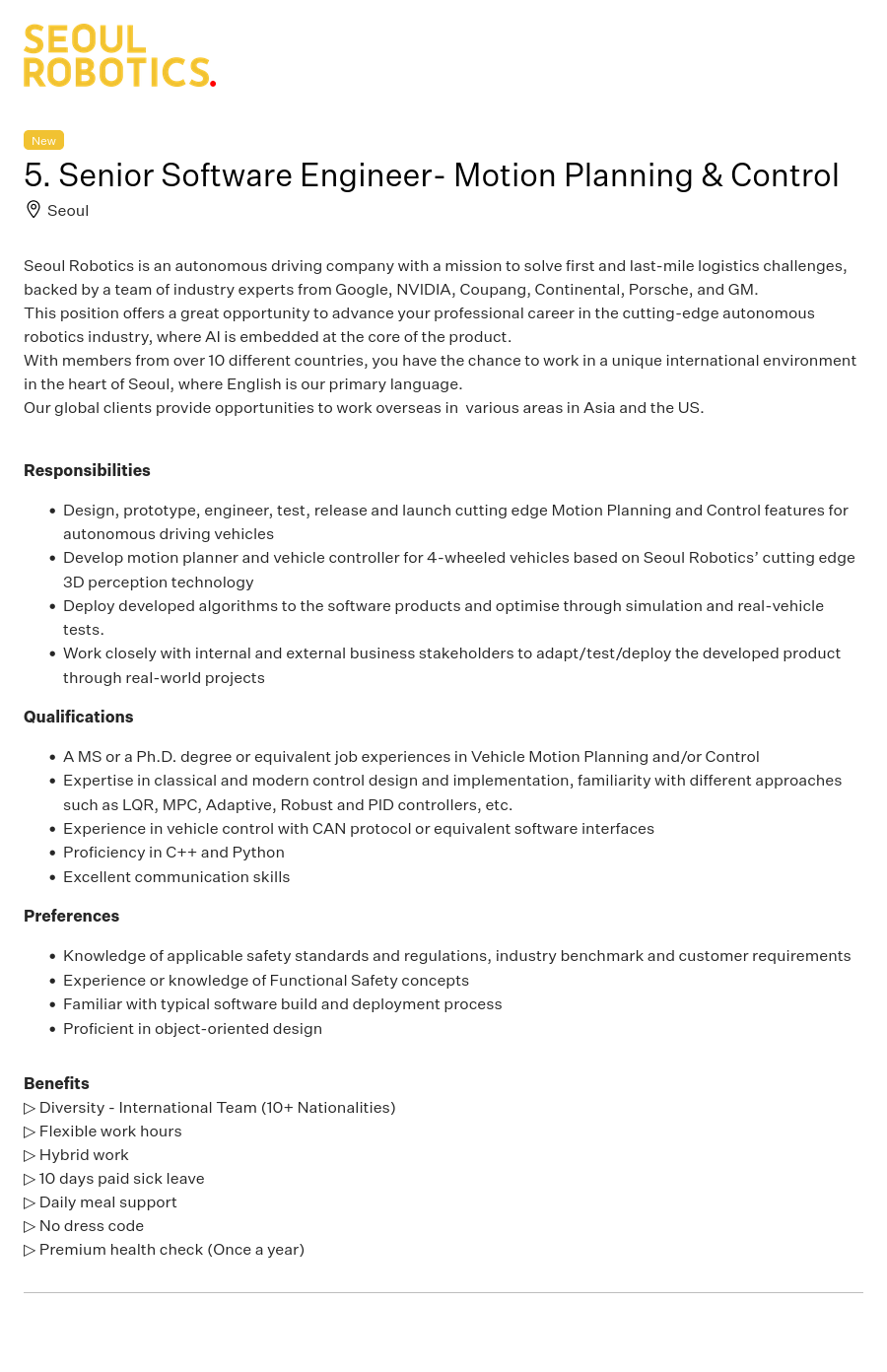 서울로보틱스 Senior Software Engineer- Motion Planning & Control 채용공고
