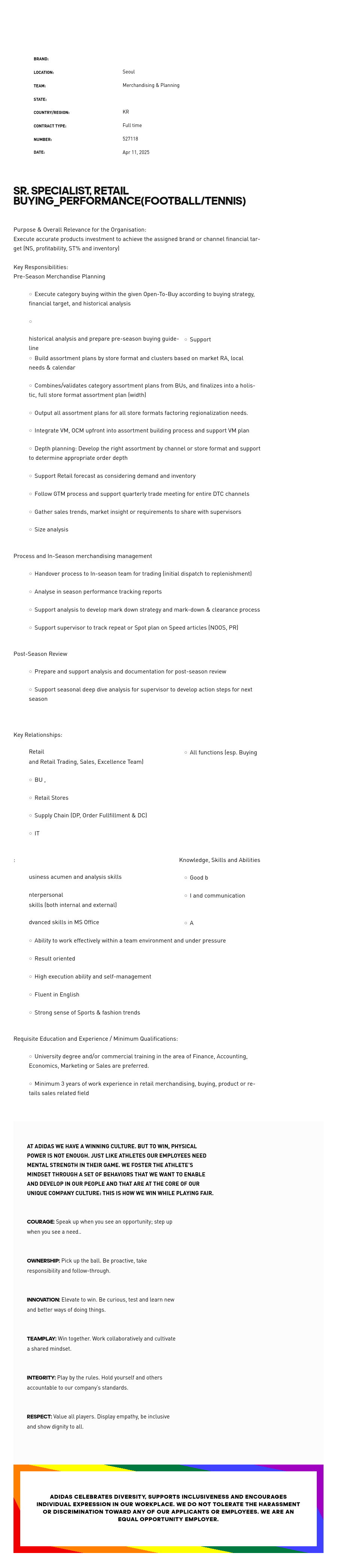 아디다스 SR. SPECIALIST, RETAIL BUYING_PERFORMANCE (FOOTBALL / TENNIS) 채용공고