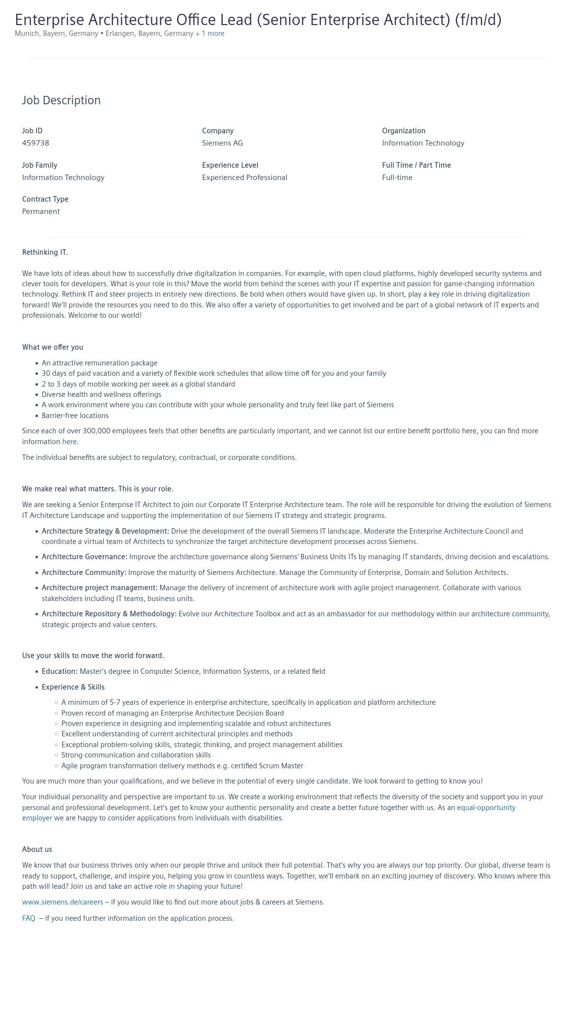 지멘스 Enterprise Architecture Office Lead (Senior Enterprise Architect) (f/m/d) 채용공고