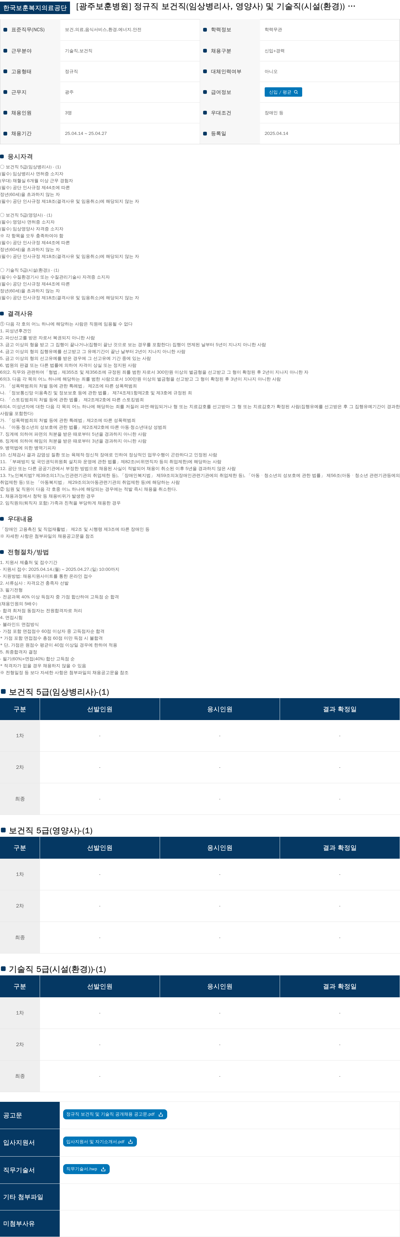 한국보훈복지의료공단 정규직 보건직(임상병리사, 영양사) 및 기술직(시설(환경)) 공개채용 채용공고