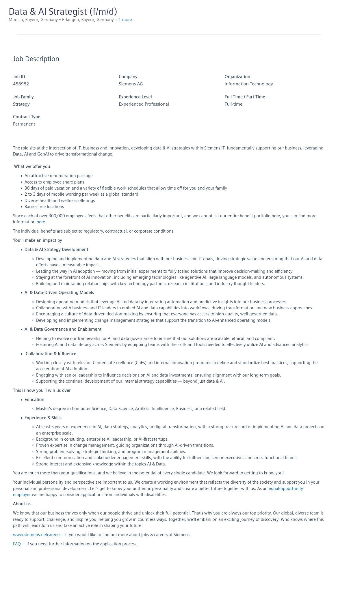지멘스 Data & AI Strategist (f/m/d) 채용공고