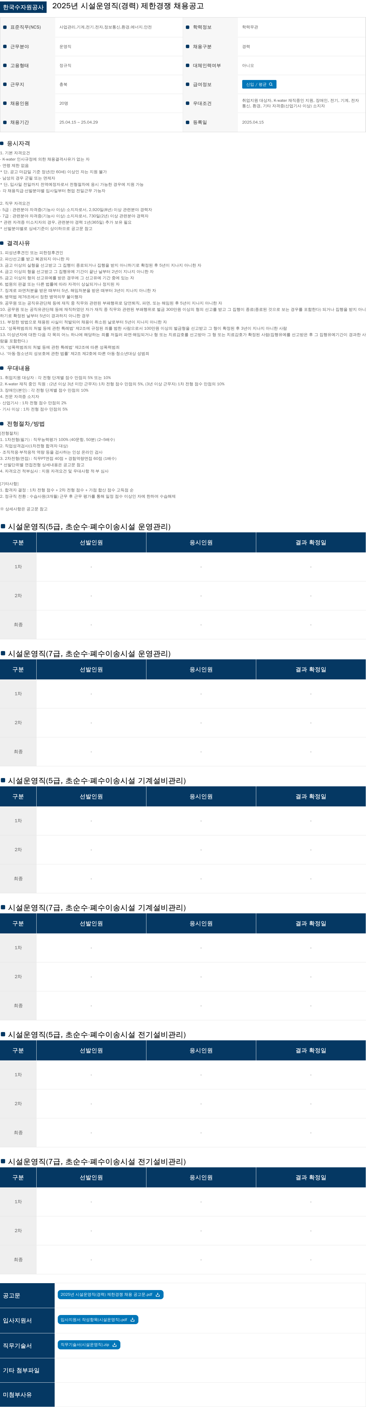 한국수자원공사 2025년 시설운영직(경력) 제한경쟁 채용 공고 채용공고