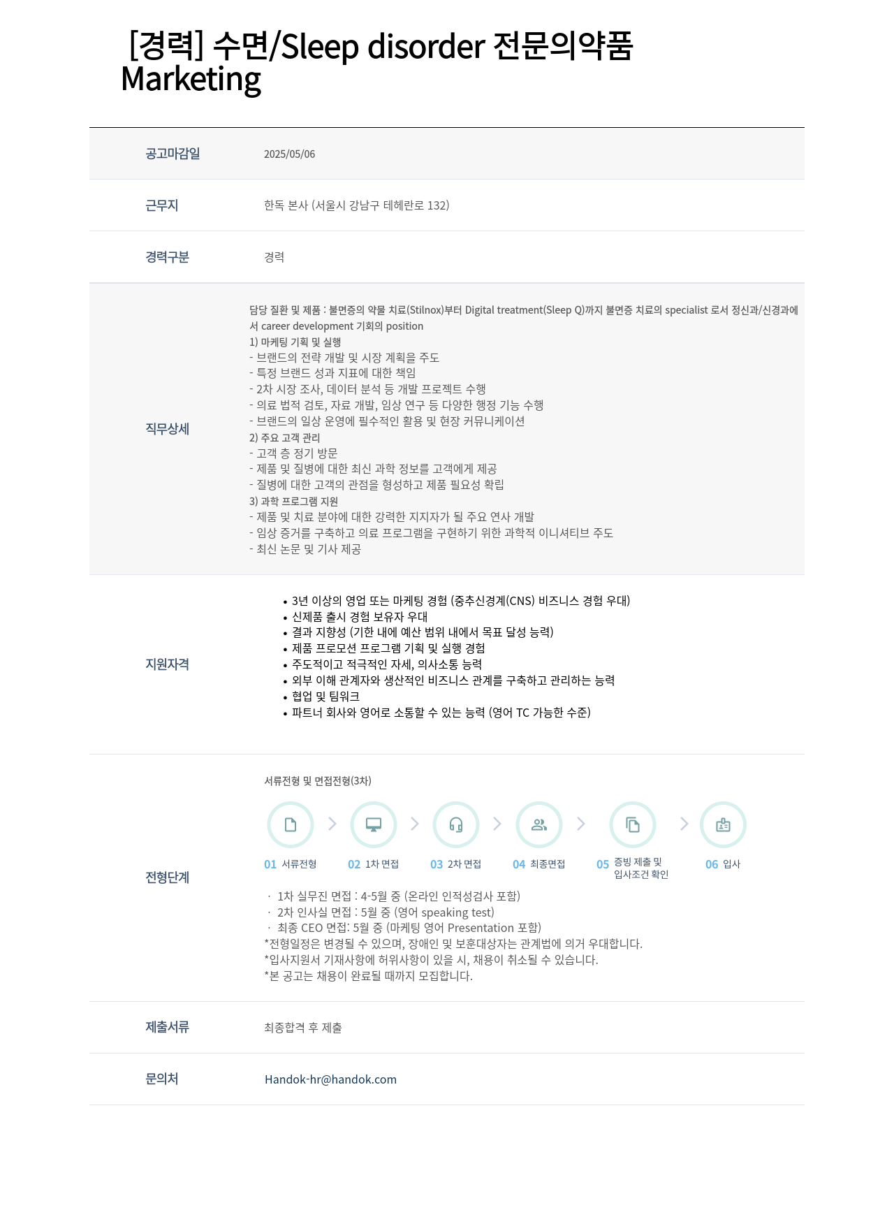 한독 [경력] 수면 / Sleep disorder 전문 의약품 Marketing 채용공고
