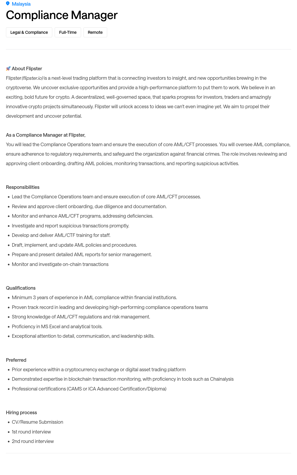 프레스토랩스 Compliance Manager 채용 (Malaysia, Remote) 채용공고