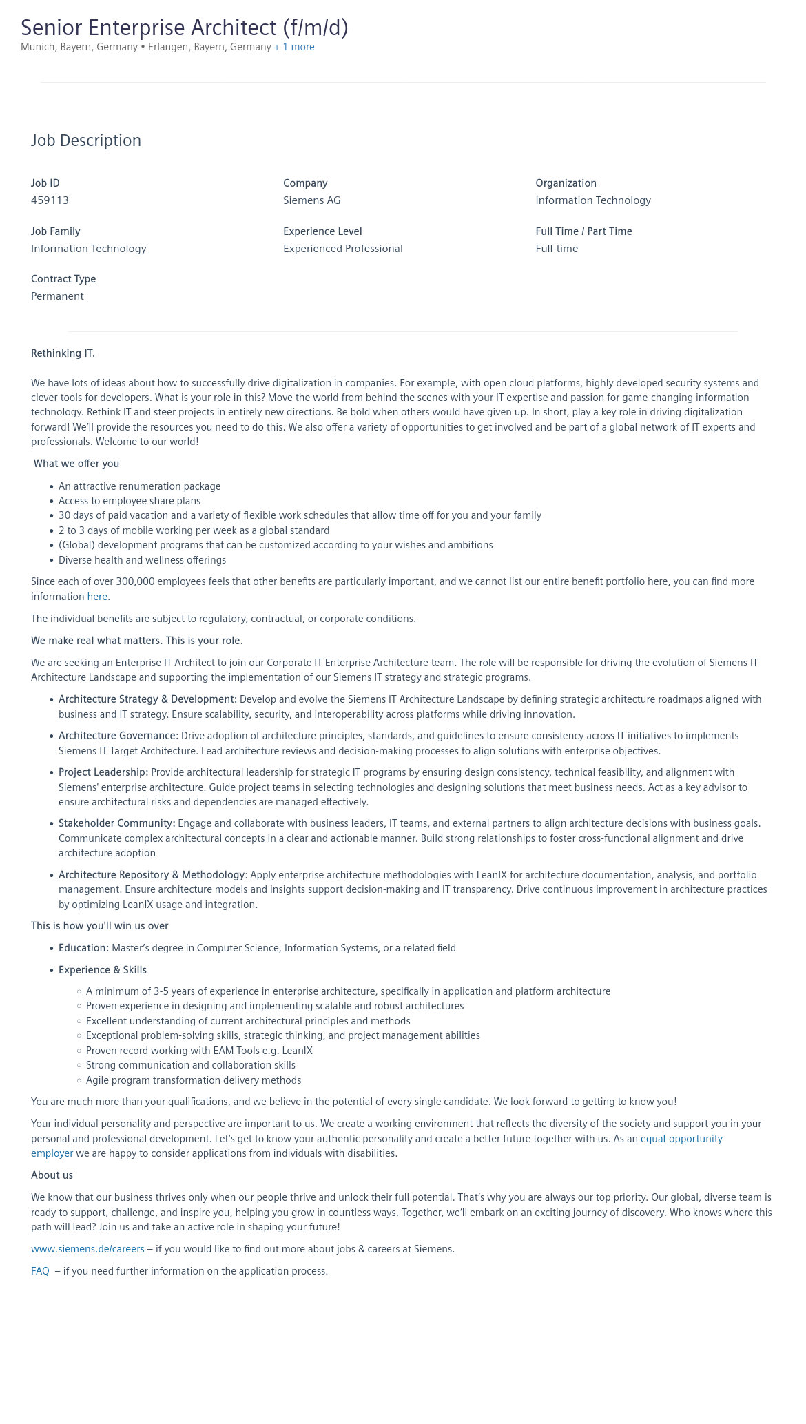 지멘스 Senior Enterprise Architect (f/m/d) 채용공고
