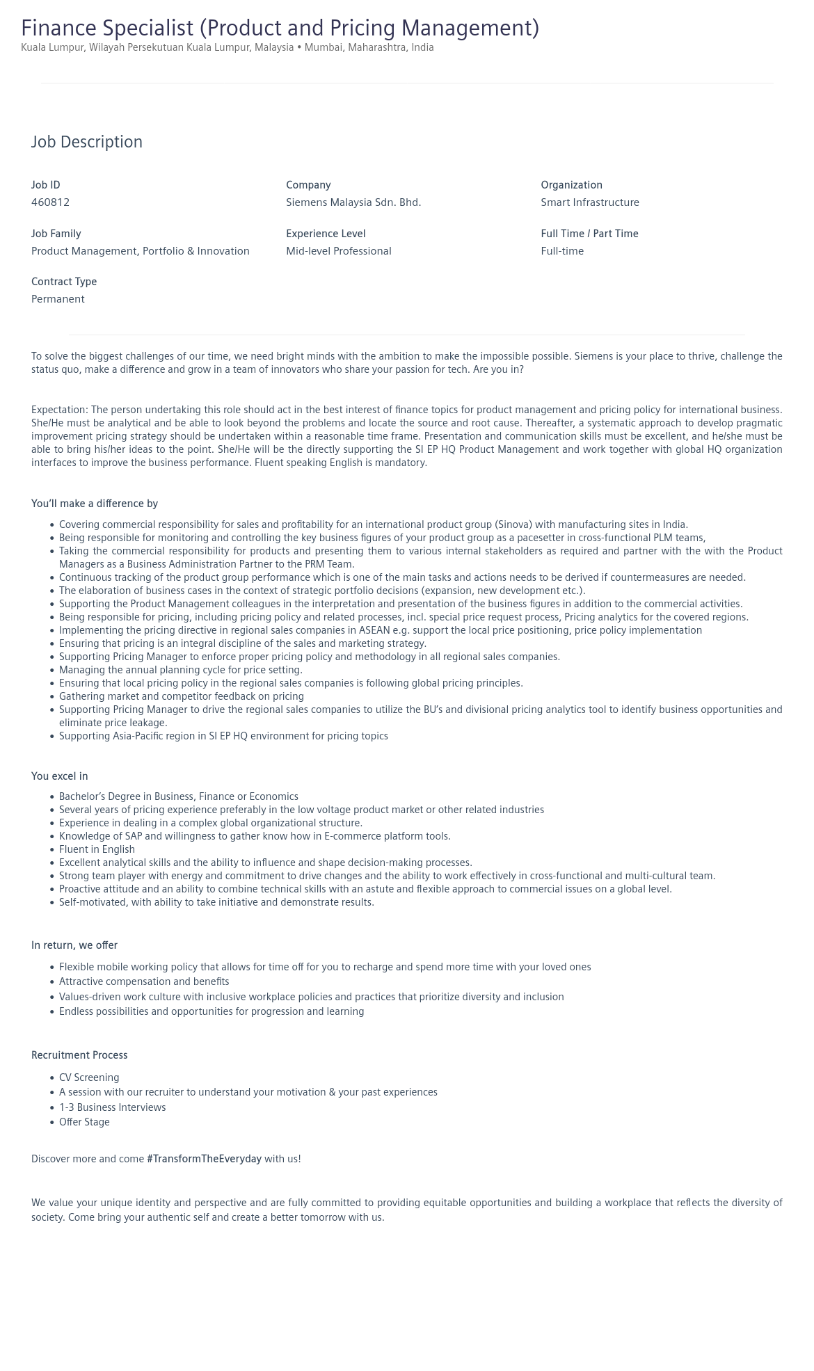 지멘스 Finance Specialist (Product and Pricing Management) 채용공고