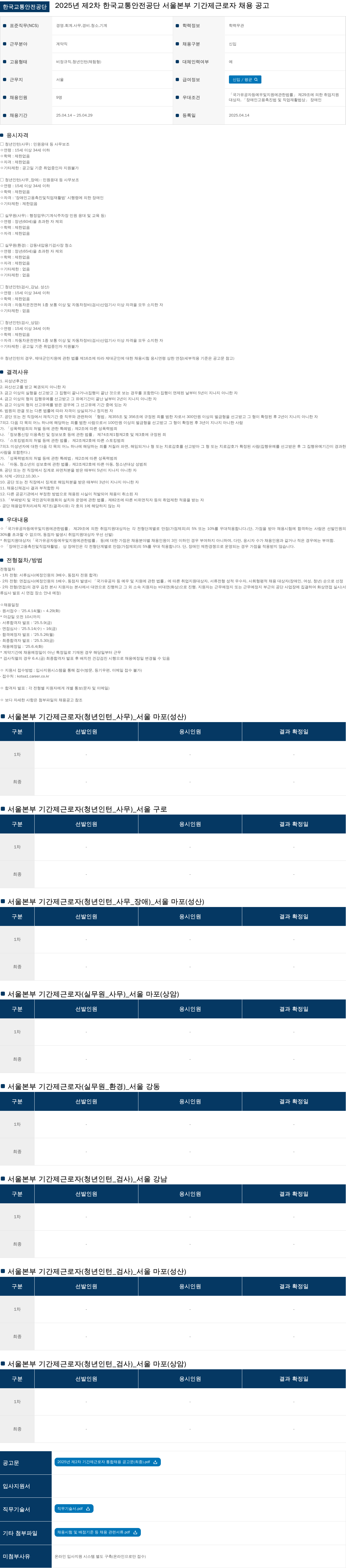 한국교통안전공단 2025년 제2차 한국교통안전공단 서울본부 기간제 근로자 채용 공고 채용공고