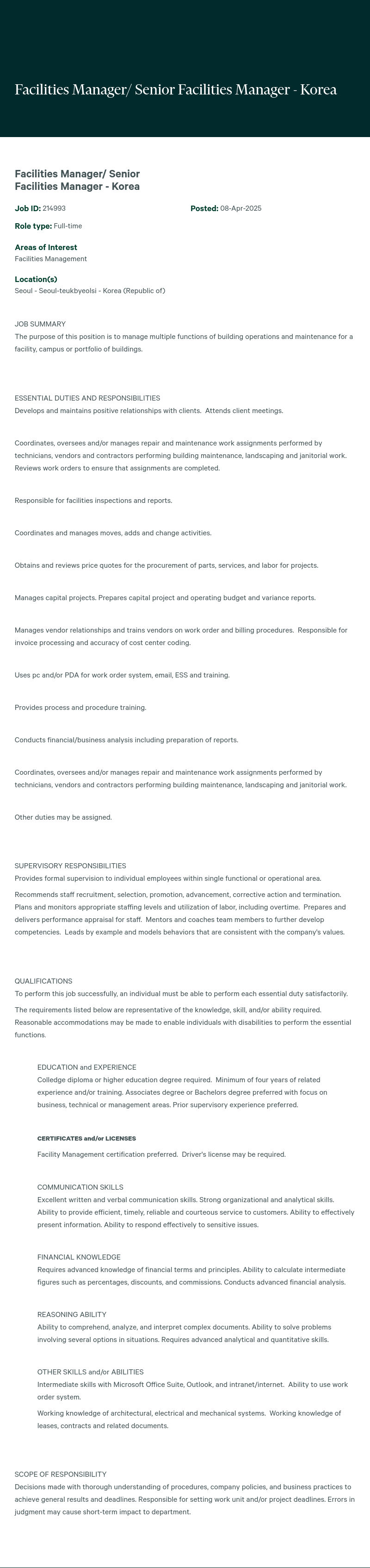 CBRE코리아 Facilities Manager / Senior Facilities Manager - Korea 채용공고