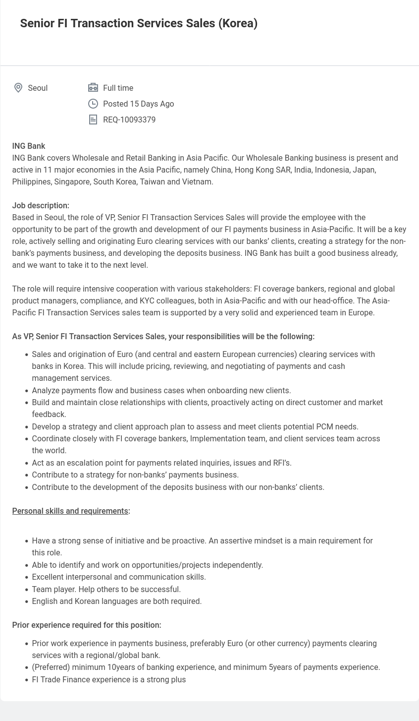 ING Senior FI Transaction Services Sales (Korea) 채용공고