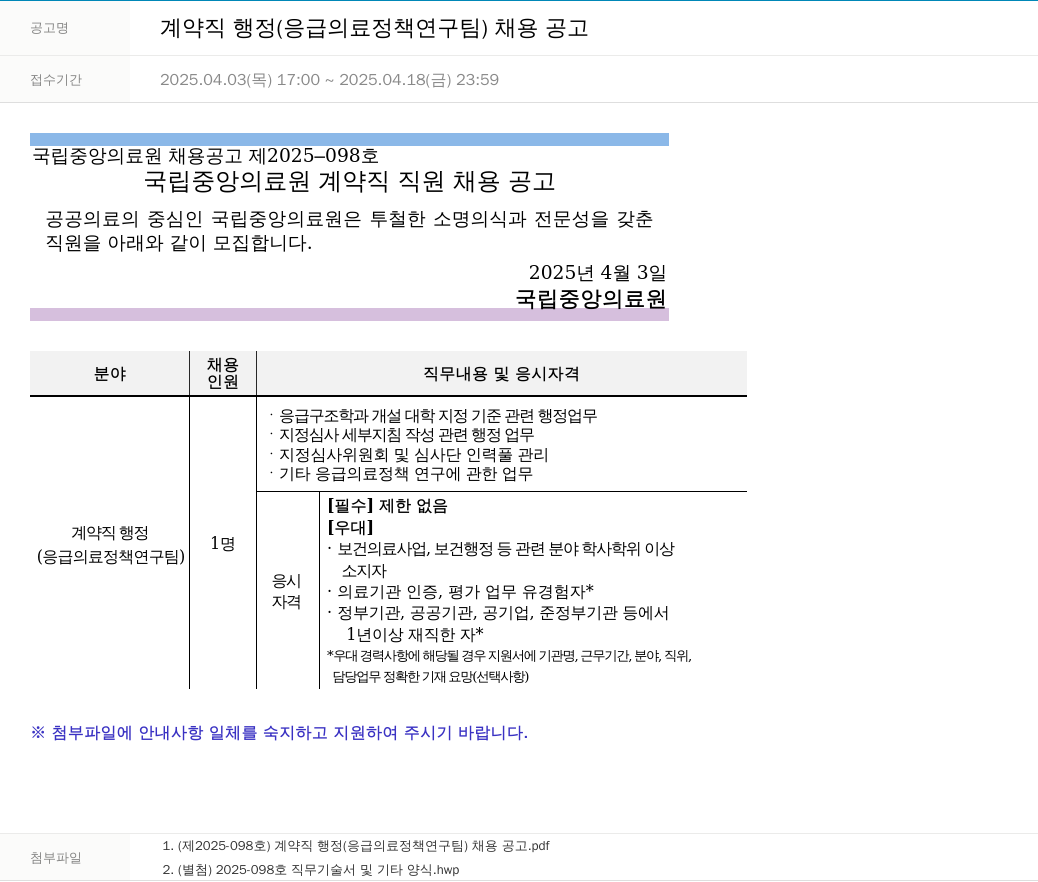 국립중앙의료원 계약직 행정 (응급의료정책연구팀) 채용 공고 채용공고