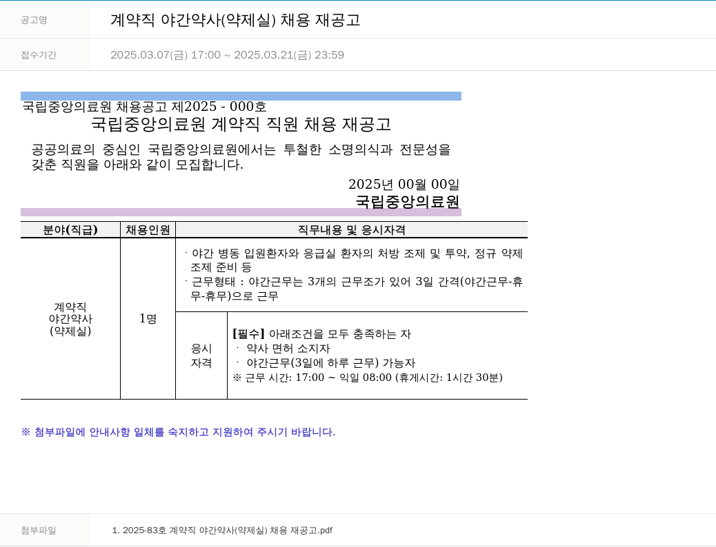 국립중앙의료원 계약직 야간 약사 (약제실) 채용 재공고 채용공고