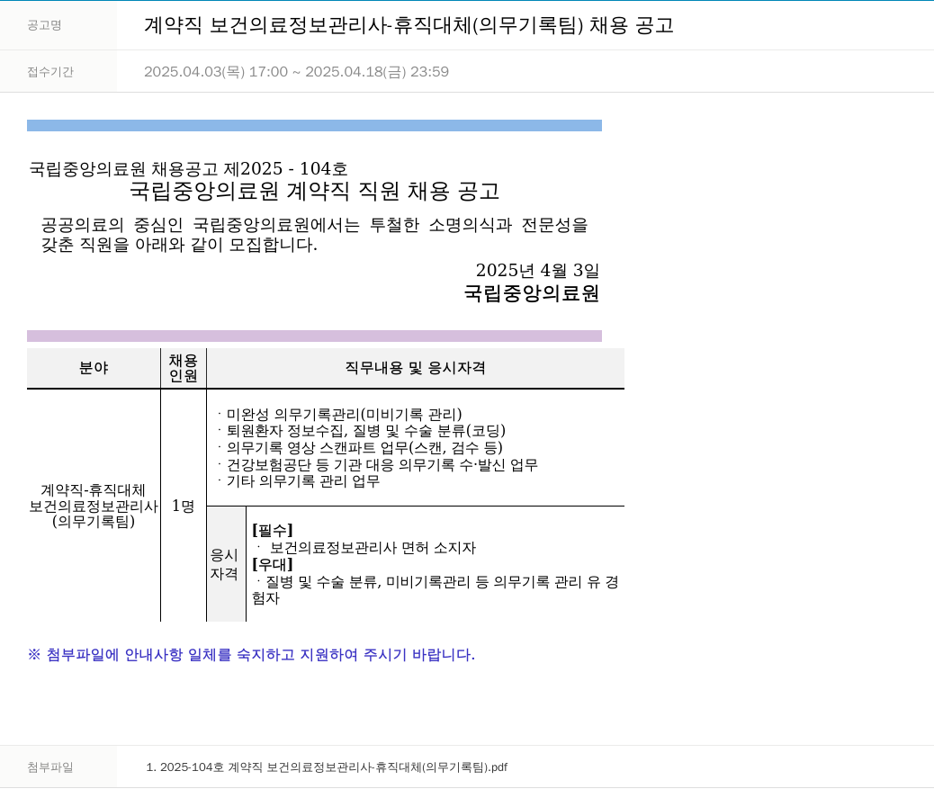 국립중앙의료원 계약직 보건 의료 정보 관리사 - 휴직 대체 (의무 기록 팀) 채용 공고 채용공고
