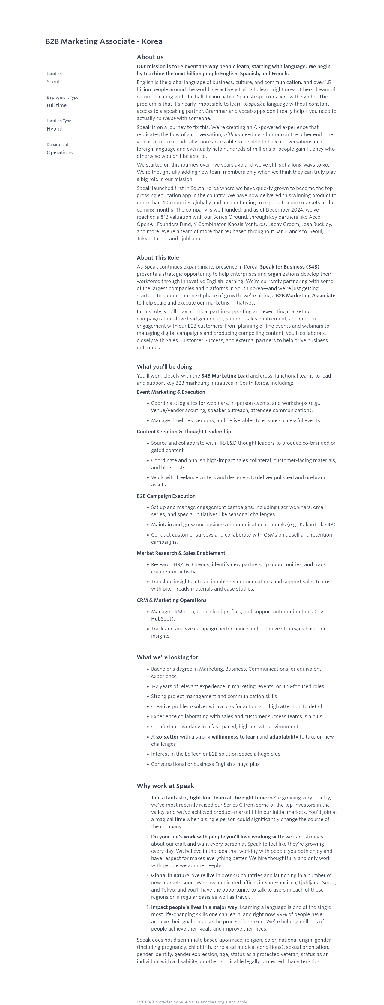 스픽 B2B Marketing Associate - Korea 채용공고