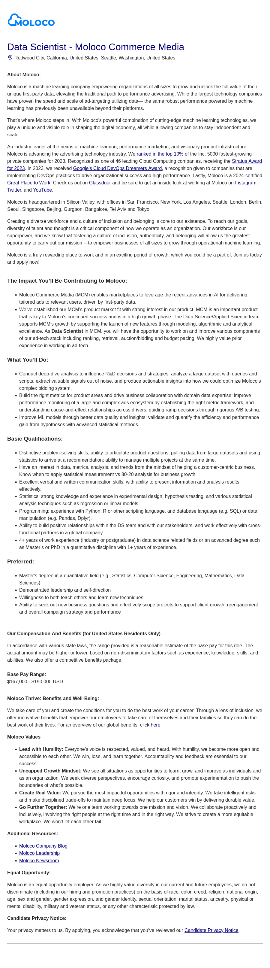 몰로코 Data Scientist - Moloco Commerce Media 채용공고