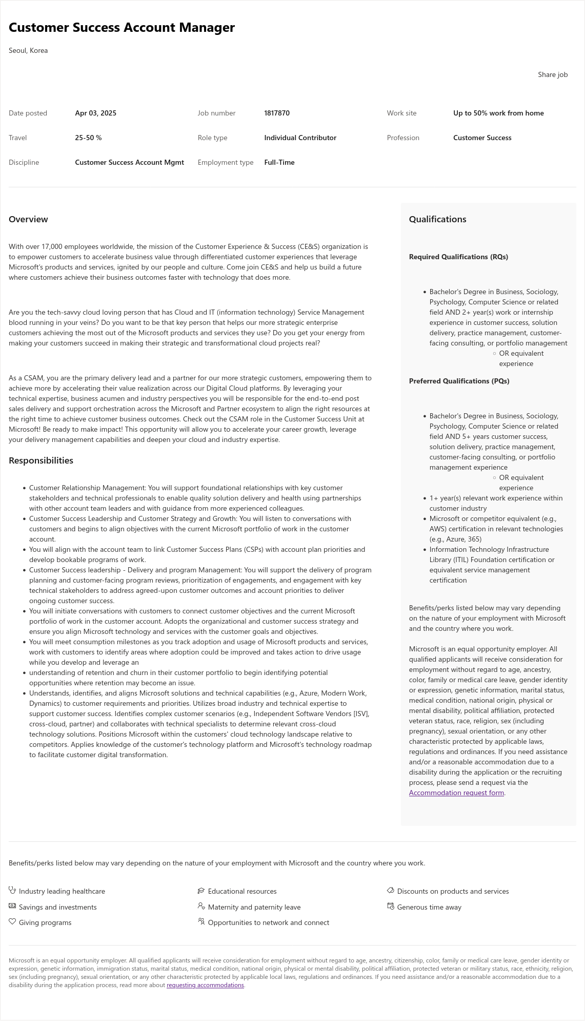 마이크로소프트(Microsoft) Customer Success Account Manager 채용공고