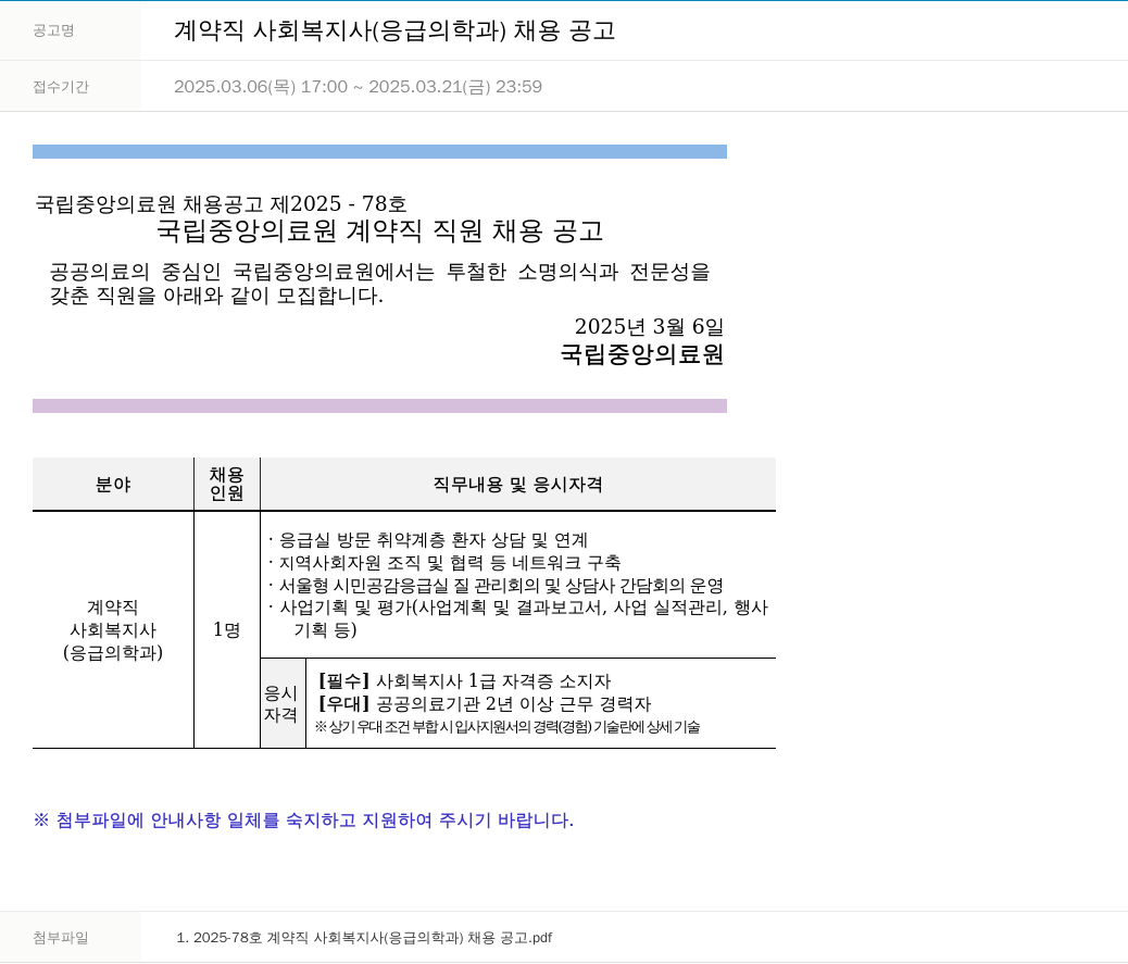 국립중앙의료원 계약직 사회복지사(응급의학과) 채용 공고 채용공고