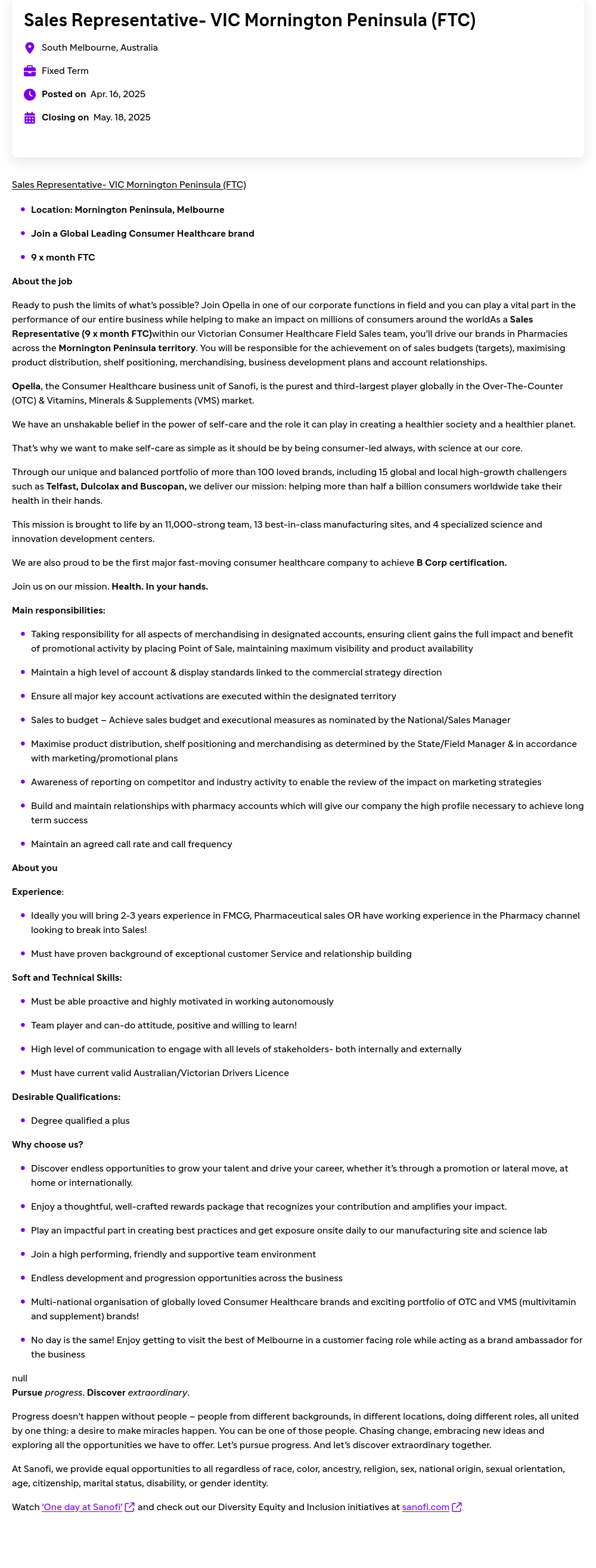사노피 Sales Representative- VIC Mornington Peninsula (FTC) 채용공고