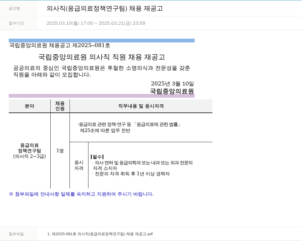 국립중앙의료원 의사직 (응급 의료 정책 연구팀) 채용 재공고 채용공고