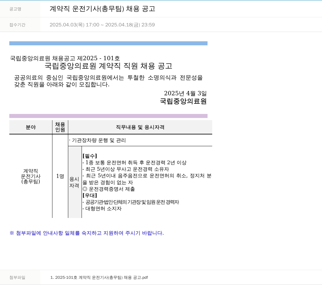 국립중앙의료원 계약직 운전 기사 (총무팀) 채용 공고 채용공고