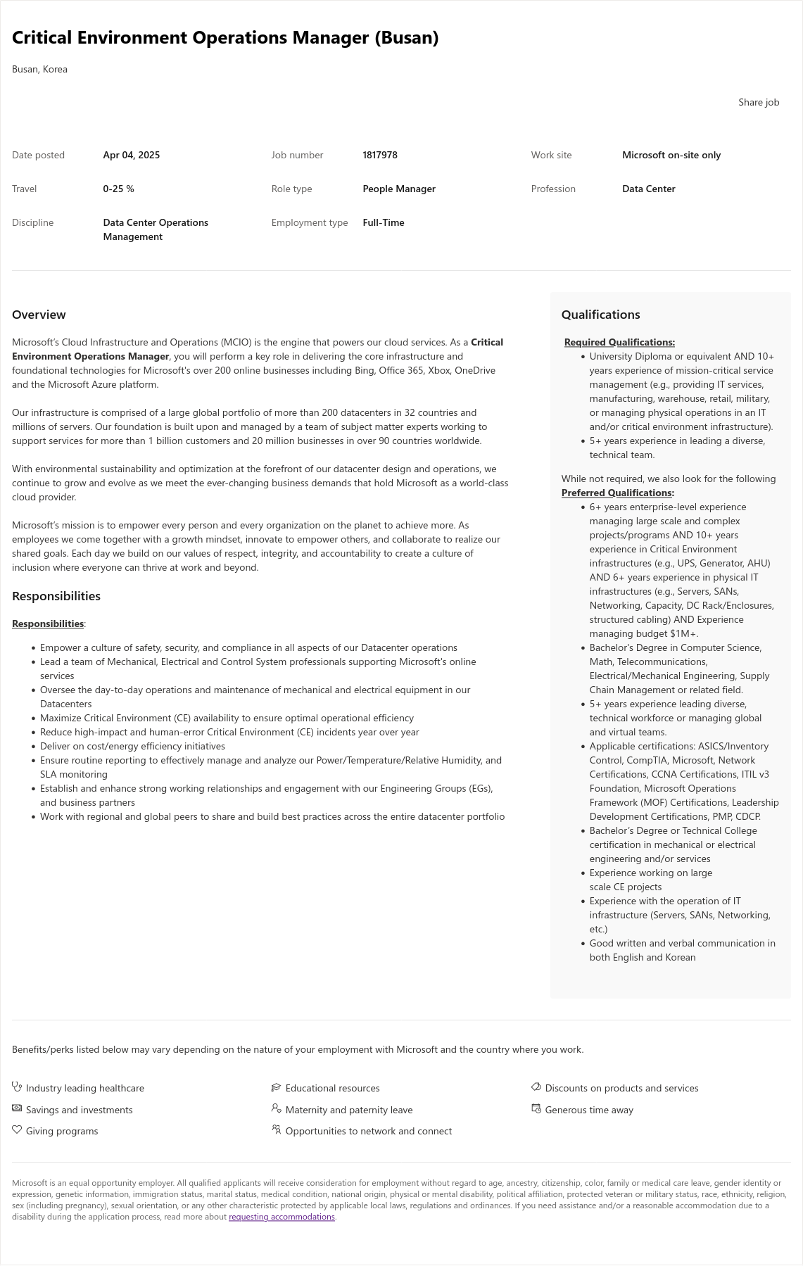 마이크로소프트(Microsoft) Critical Environment Operations Manager (Busan) 채용공고