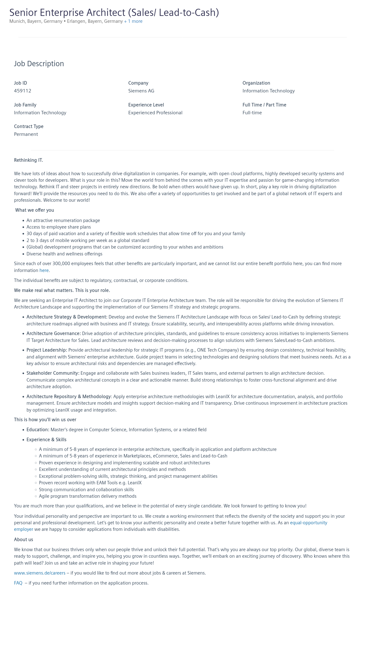 지멘스 Senior Enterprise Architect (Sales / Lead-to-Cash) 채용공고
