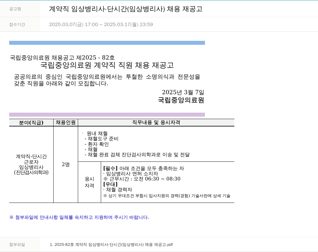 국립중앙의료원 계약직 임상 병리사 - 단시간 (임상 병리사) 채용 재공고 채용공고