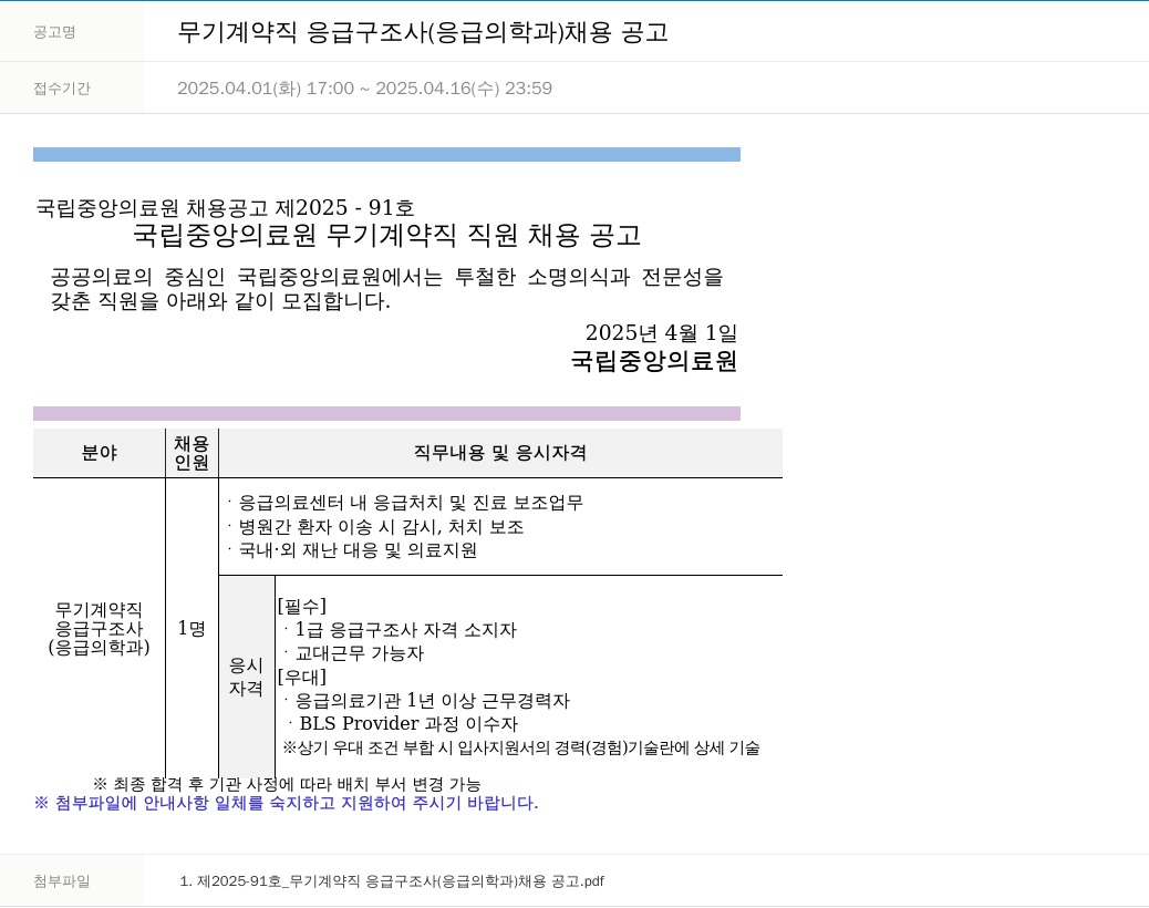 국립중앙의료원 무기 계약직 응급 구조사 (응급의학과) 채용 공고 채용공고