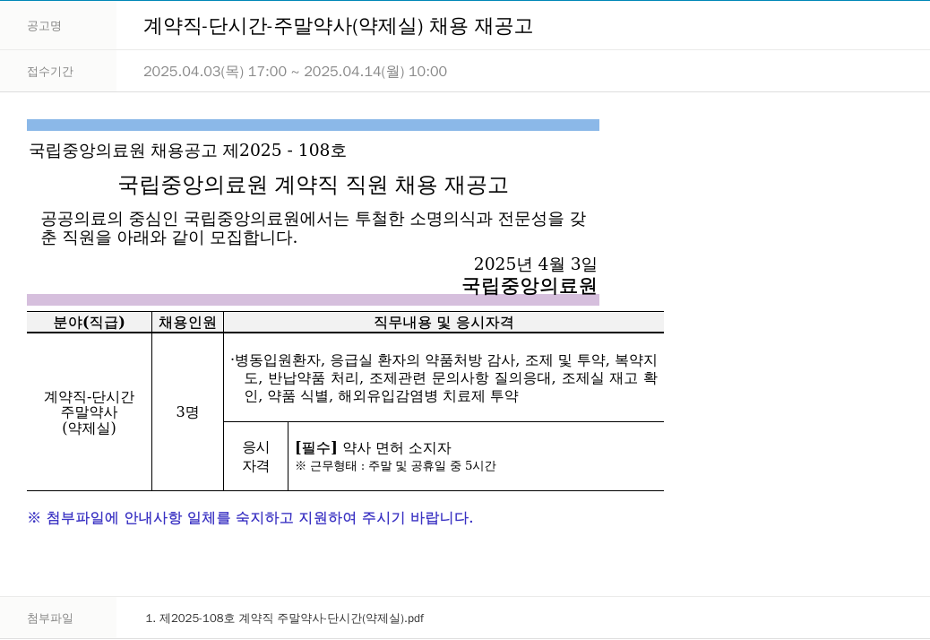 국립중앙의료원 계약직 - 단시간 - 주말 약사 (약제실) 채용 재공고 채용공고