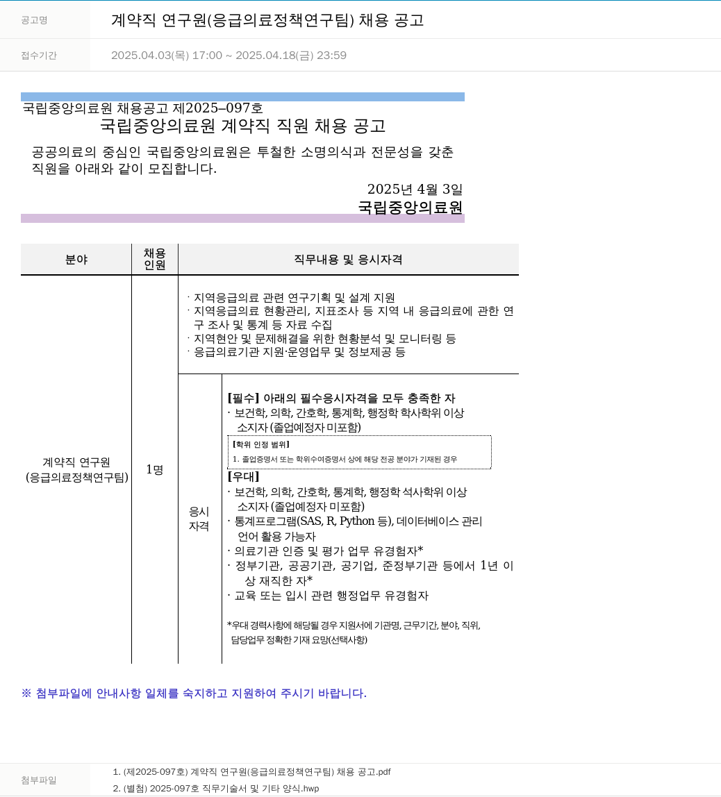 국립중앙의료원 계약직 연구원 (응급의료정책연구팀) 채용 공고 채용공고