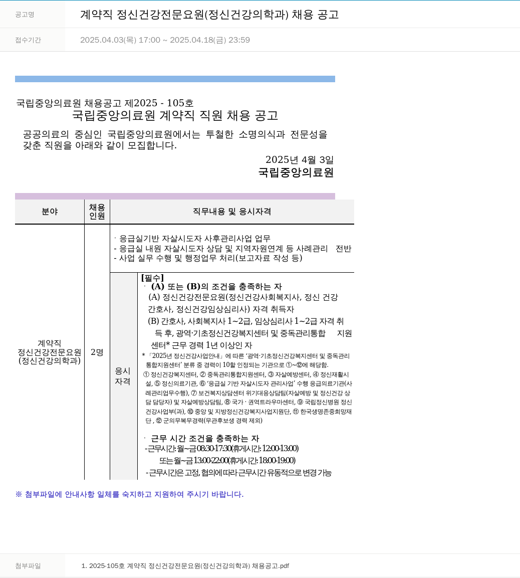 국립중앙의료원 계약직 정신건강전문요원(정신건강의학과) 채용 공고 채용공고