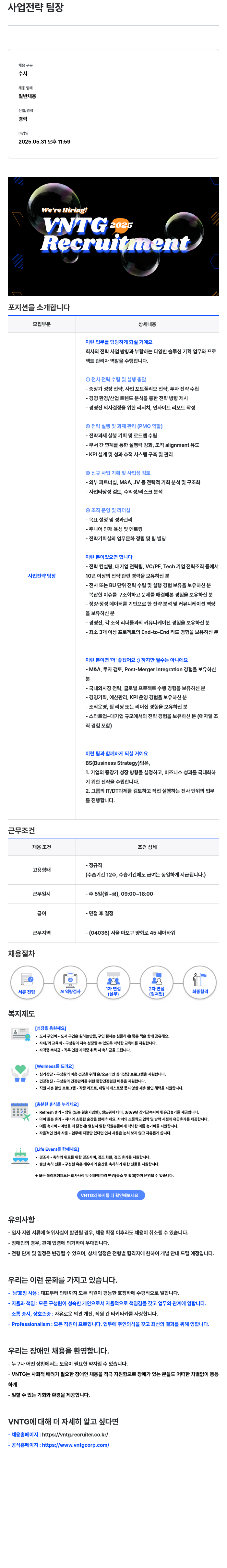 브이엔티지 사업 전략 팀장 채용 채용공고