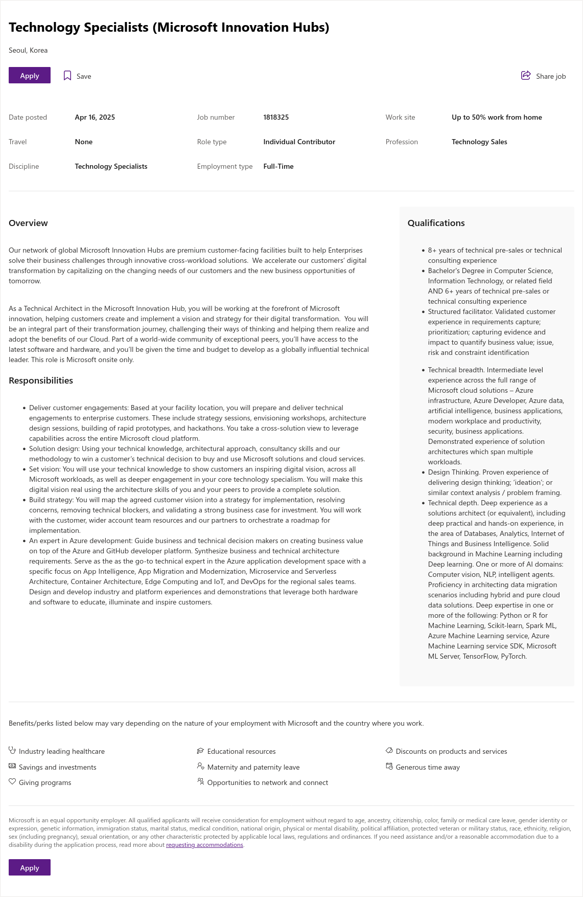 마이크로소프트(Microsoft) Technology Specialists (Microsoft Innovation Hubs) 채용공고