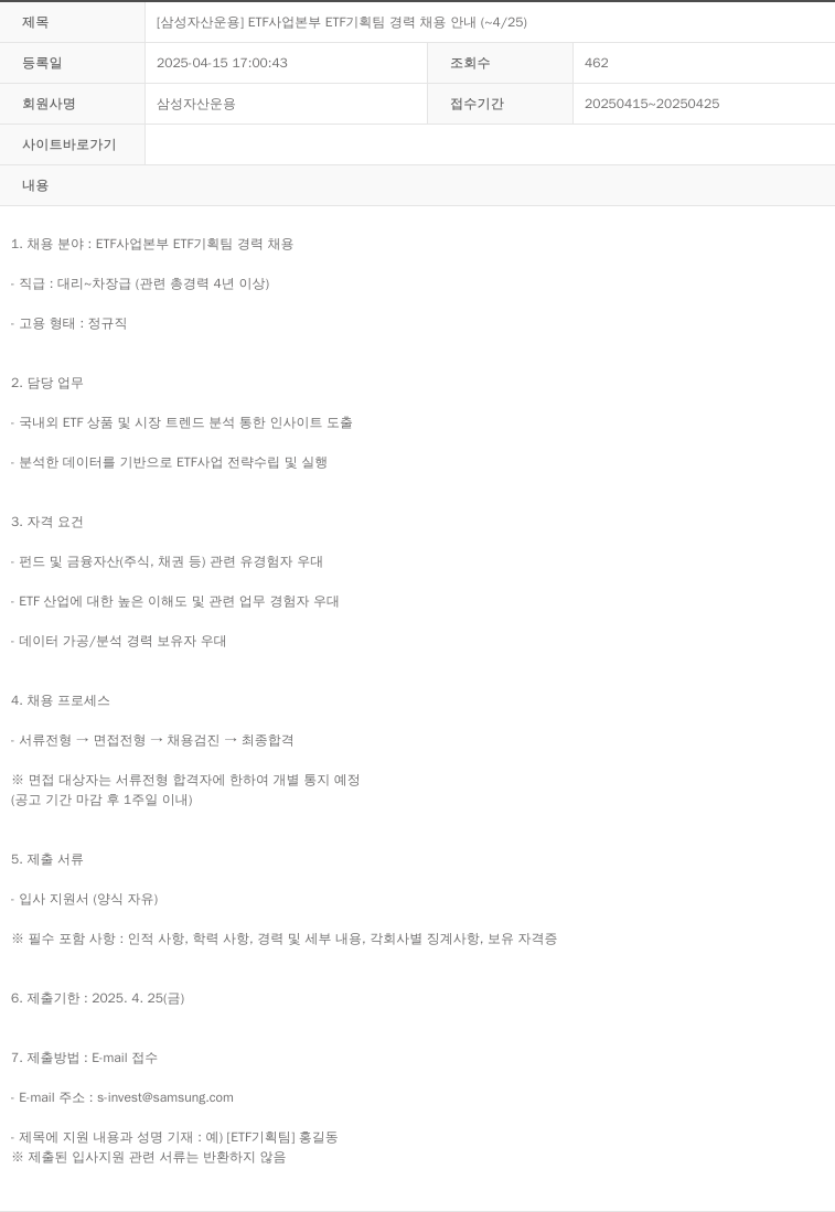 삼성자산운용 [삼성 자산 운용] ETF 사업 본부 ETF 기획팀 경력 채용 안내 (~4/25) 채용공고