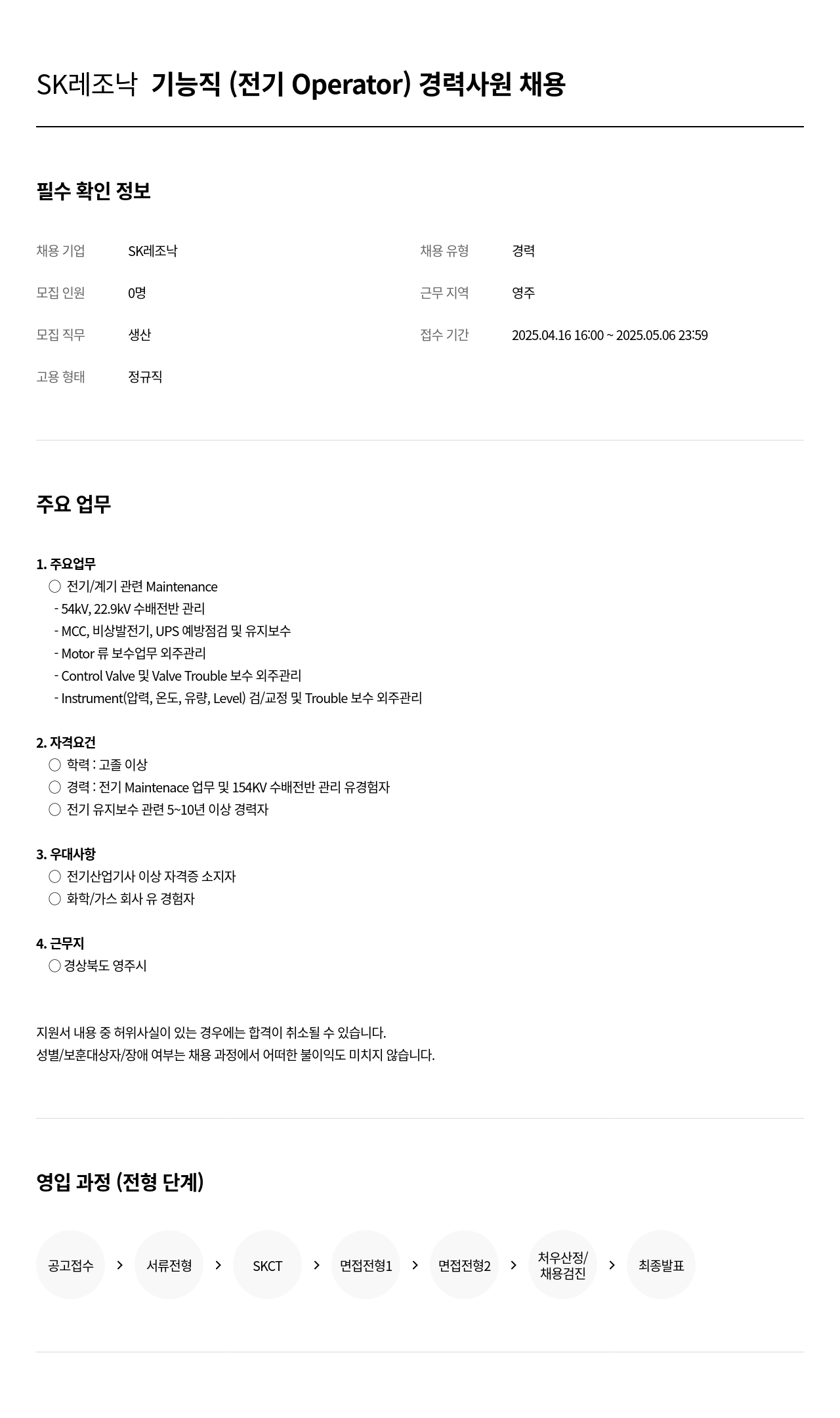 SK레조낙 SK 레조 낙 기능직 (전기 Operator) 경력 사원 채용 채용공고